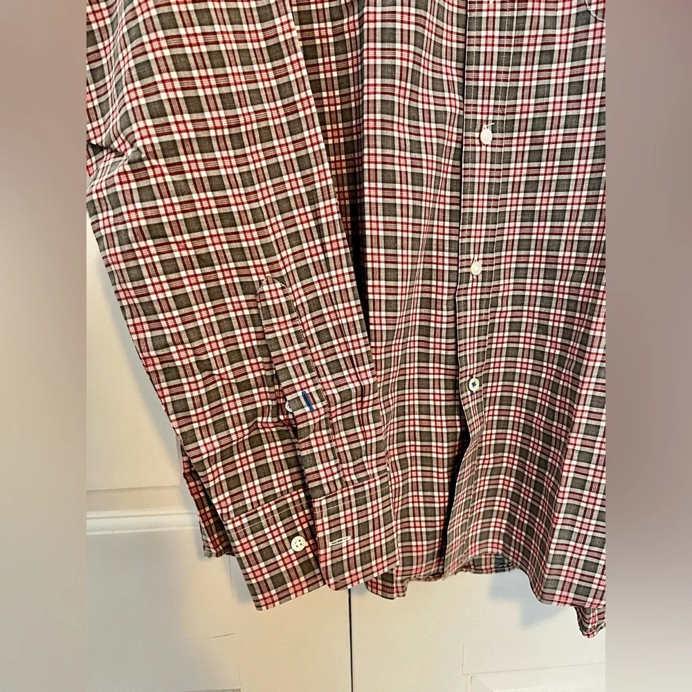 J.McLaughlin Men’s 100% Cotton Plaid‎ Button-Up Shirt Maroon Grey Large NWOT